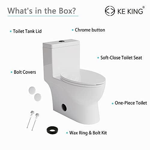 KE KING Dual-Flush Elongated One-Piece Toilet with 1.28GPF High Efficiency Flush, White - Thumbnail 6