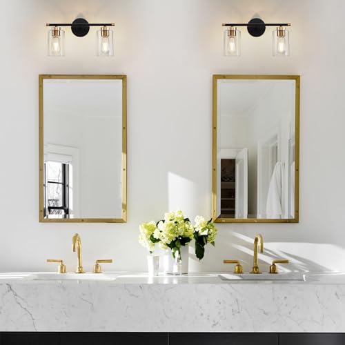 Image of Black Bathroom Light Fixtures, 2-Light Bathroom Vanity Light Over Mirror, Modern Matte Black Wall Sconce Lighting Bath with Clear Glass Shade, Vanity Lights for Mirror Bedroom Living Room