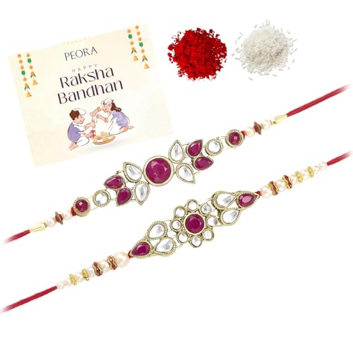 Image of Peora Rakhshabandhan Thread Rakhi for Brother Bhaiya | Kundan Beads & Crystal Studded | Combo Set of 2 | Rakhi Hamper Roli Chawal & Greeting Card