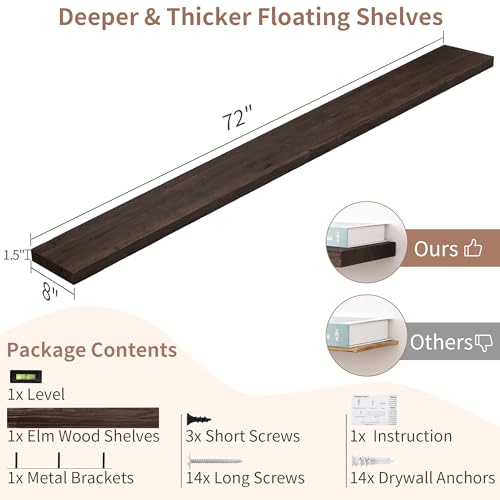 Image of Floating Shelves for Wall, 72in Reclaimed Elm Wood Shelves, Walnut | 8 inch Deep Wall Shelf, Invisible Bracket, Large Long Wall Mounted Shelves, Living Room, Bedroom, Kitchen, Bathroom