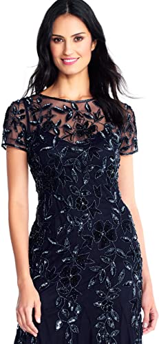 Image of Adrianna Papell Women's Beaded Gown with Godets - Floor Length Gown with Floral Embellishments & Cap Sleeves