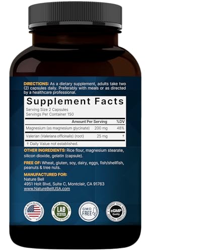 Pure Magnesium Glycinate for Sleep, 200mg with Valerian Root, 300 Capsules | 100% Chelated & Purified Mineral Supplement – Ultra High Absorption – Non-GMO, Gluten Free - Thumbnail 2