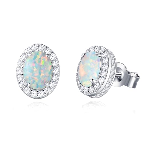 FANCIME Sterling Silver Oval Opal Ruby Necklace & White Opal Stud Earrings - October Birthstone Fine Jewelry for Women
