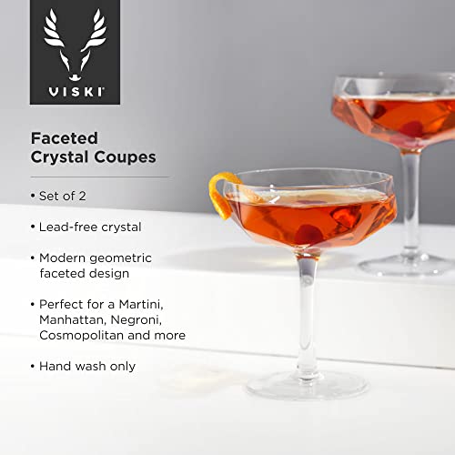 Viski Faceted Coupe Glasses Set Of 2, Champagn, Martini, Wine, Crystal Cocktail Glasses For Bar, Drinking Glass Set Of 2, 7Oz #TOP1