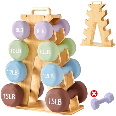 Holz-Hantelständer im A-Rahmen – 4-Etagen Gewichthalter für 3–7-kg Hanteln, Platzsparendes Fitness-Rack mit Tragegriff, Stilvolles Geschenk für Fitnessliebhaber (Hanteln separat er