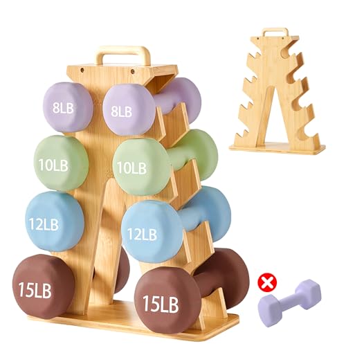 Holz-Hantelständer im A-Rahmen – 4-Etagen Gewichthalter für 3–7-kg Hanteln, Platzsparendes Fitness-Rack mit Tragegriff, Stilvolles Geschenk für Fitnessliebhaber (Hanteln separat erhältlich)