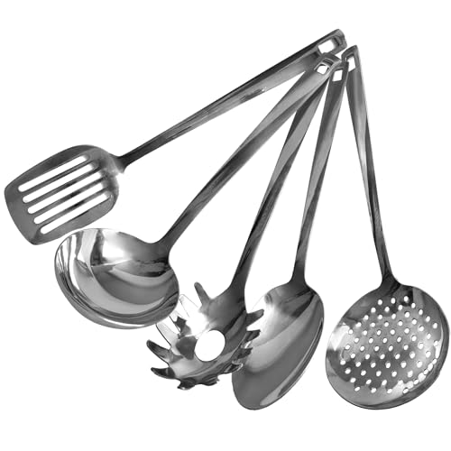 Fackelmann Set di utensili da cucina 5 pezzi, mestoli in acciaio inossidabile, utensili lavabili in lavastoviglie, mestoli da cucina resistenti al calore