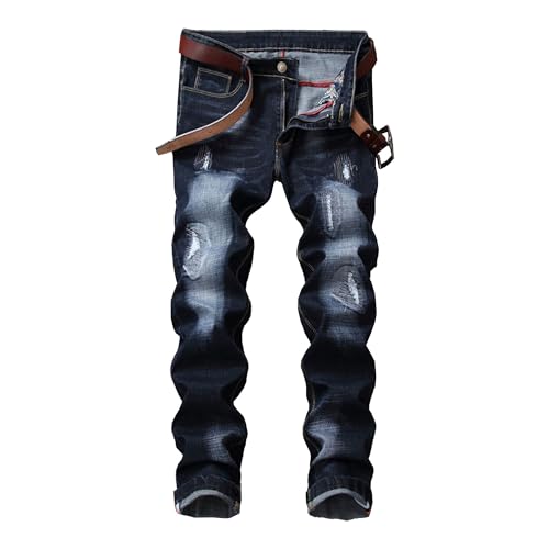 Men's Casual Cowboy Pants Ripped Washed Straight Fit Jeans Destroyed Retro Loose Mens Denim Pants