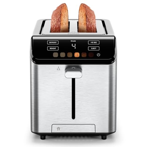 Chefman Smart Touch Digital 2 Slice Toaster, 6 Shade Settings, Bread Toaster 2 Slice with Extra-Wide Slots, Touchscreen, +10 Seconds, Defrost, Removable Crumb Tray – Stainless Steel