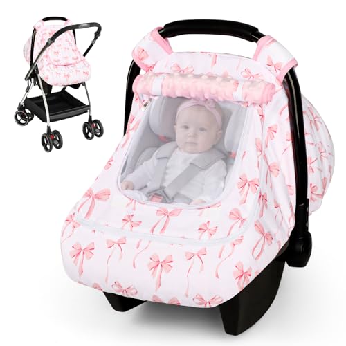 Image of Baby Car Seat Cover with Mesh Window, Windproof Carseat Cover for Infant Girls, Infant Carseat Canopy with with Dual Zipper, Compatible with Most Baby Car Seat, Pink Bow