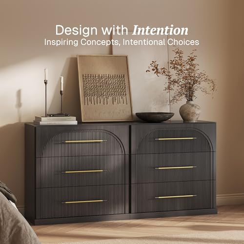 Image of BELLEZE Set of 2 Fluted Modular Sideboard Cabinet, 65'' Classic Modern Buffet Cabinet with 3 Drawers, Accent Credenza Cabinet for Living Room Kitchen Entryway (Ebony)