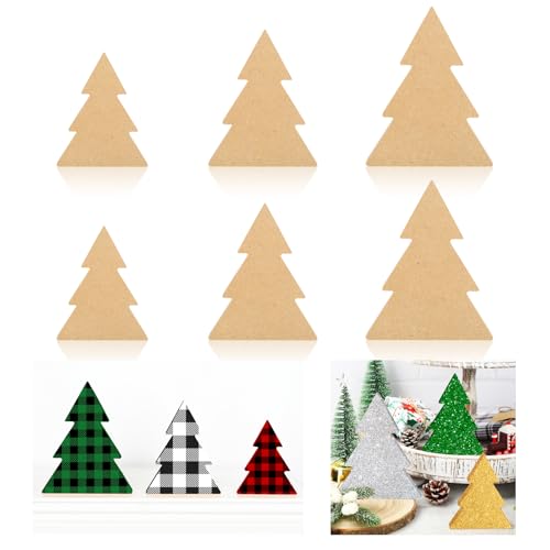 Whaline 6Pcs Large Size Christmas Tree Wooden Cutouts Unfinished Xmas Tree Wood Table Sign Farmhouse DIY Tiered Tray Decor for Winter Home Kitchen Office Table Shelf Party Supplies
