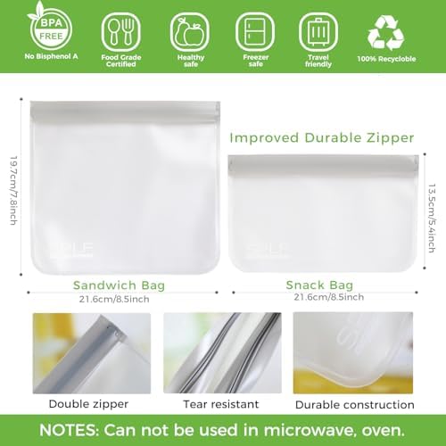SPLF 10 Pack Reusable Sandwich Bags Dishwasher Safe, Reusable Quart Freezer Bags, Extra Thick Leakproof Food Storage Bags Silicone and Plastic Free for Marinate Meats, Cereal, Lunch, Travel Items Gray - Thumbnail 5