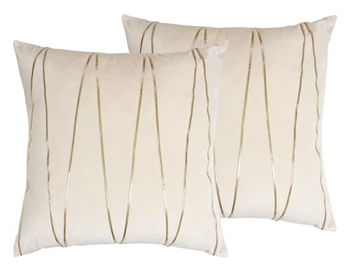 Image of Amazon Brand - Umi Gold Leather Striped Pack of 2 Throw Pillow Covers Velvet Decorative Cushion Covers Cases for Sofa Bedroom Livingroom Car 14 x 14 in Cream Color