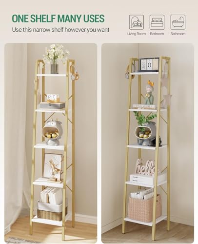 Image of Hzuaneri 5-Tier Ladder Shelf, Narrow Bookshelf, Corner Storage Shelves, Freestanding Bookcase with 2 Hooks for Home Office, Living Room, Kitchen, Bedroom, Industrial, White Gold BC03213G