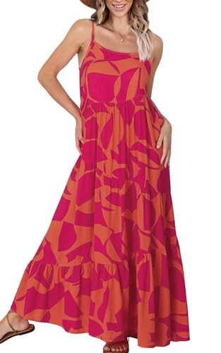 Image of ECOWISH Women Sleeveless Maxi Dress: Summer Spaghetti Strap Casual Loose Boho Beach Dress Asymmetric Tiered Flowy Long Dress