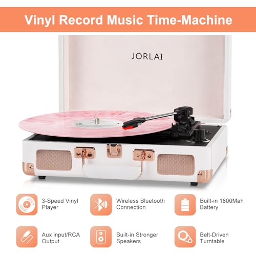 Image of 3-Speed Vinyl Record Player Turntable Portable Suitcase with Bluetooth, Rechargeable Battery, Aux /RCA /Headphone Jacks, Compact Retro Design for Vinyl Lovers