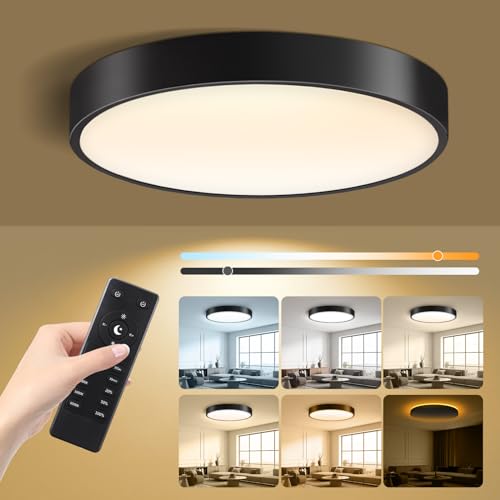 Lightania 15 Inch Flush Mount Ceiling Light with Remote Control & Night Light, 5CCT Dimmable Ceiling Light Fixture, 35W 3500LM 2700K-6500K Adjustable LED Ceiling Lights for Bedroom Kitchen, Black
