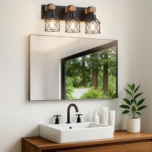 Image of Farmhouse Vanity Light for Bathroom, 3-Light Wood Bathroom Vanity Light Fixtures Over Mirror, Black Rustic Wall Sconce with Cage Metal Lampshade, Vintage Wall Lights for Bedroom, Living Room, Hallway