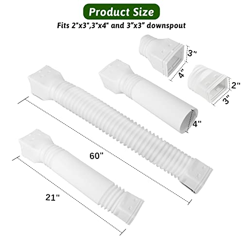Pobomvom Rain Gutter Downspout Extensions, 21"-60" Flexible Drain Downspout Extender, Rainwater Drainage Pipe With 4" X 3" And 3" X 2" Connectors, Screws Included (1 Pack, White) #TOP1