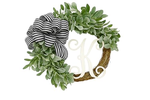 Lambs Ear Monogram Letter Wreath for Front Door Decor with Custom Hand-tied Bow-21-22