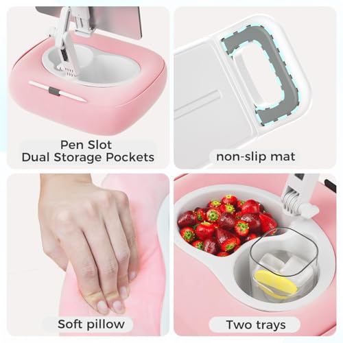 Image of Tablet Pillow Stand, Adjustable Kindle Holder with 2 Snack Bowls, 360 Adjustable iPad Stand for Bed with 4.7''-13'' iPad, Kindle, Phone, Gift for Reading Accessories on Bed, Sofa, Pink