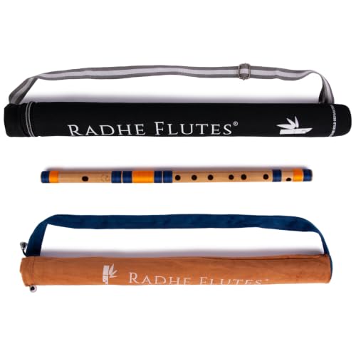 Image of Radhe Flutes Bamboo Bansuri C Sharp Right Handed Middle Octave (18 inch) With Hard Cover (Beige Flute With Dark Blue & Orange Threads)