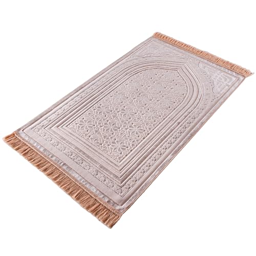 Modefa Luxury Velvet Prayer Rug with Prayer Beads | Soft Elegant Muslim Turkish Janamaz Sajada Carpet for Men and Women | Plain Solid Prayer Mat Ramadan Eid Gift - Najma (Pink)