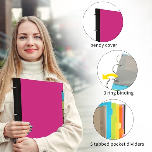 Image of 2 Pcs Pivotable Refillable Notebook, 3 Ring Binder Notebooks 1 Inch, Notebook with Dividers and Pockets, Folder Notebook, Flexible Binder, Soft Binders 3 Ring, Foldable Binder- Pink
