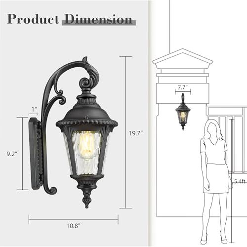 Image of Emliviar Porch Sconce Lighting for Patio, 19.7 Inch Black Classic Outdoor Wall Sconce with Water Ripple Glass Shade, XE265B-S BK-SW
