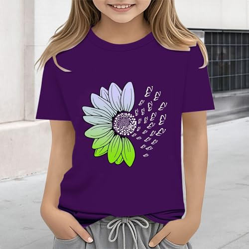 Girls Loose Fit Sunflower Graphic T Shirts Short Sleeve Crewneck Cute Pattern Printed Tops Kids (D-Purple, 12-13 Years)4