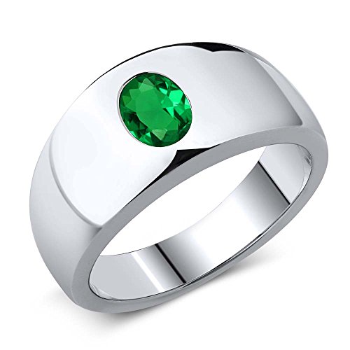 Gem Stone King 0.75 Ct Oval Green Simulated Emerald 925 Sterling Silver Men's Ring (Size 10)