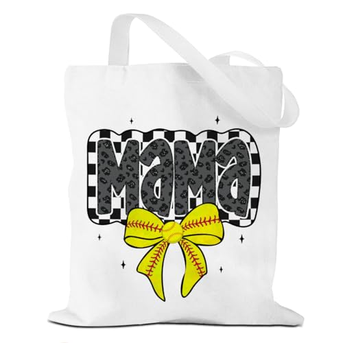 Softball Checkered Mama Tote Bag Canvas Tote Bag Mothers Day Mom Gifts for Women New Mom Mama Mommy Retro Coquette Bow Checkerboard Canvas Bags for Grocery Shopping Beach Christmas Birthday