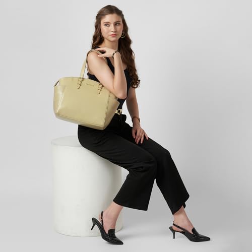 Image of Caprese Macie Medium Alpine Oat Tote Bag for Women | Solid Faux Leather Shoulder Handbag with Spacious Interior & Zipper Closure | Fits Up to 16-Inch Laptop | Office & Travel Use