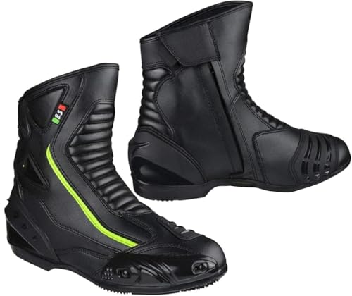 BI ESSE - Botas De Cuero De La Moto,Zapato De Motocicleta Impermeable,Transpirable,Botas De Invierno De Carretera,Protector De Tobillo, Negro Fluo, 45 EU