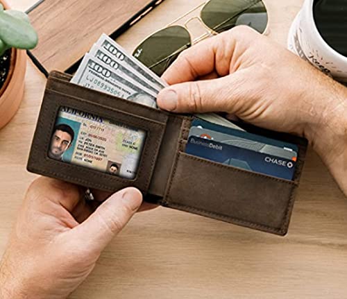 Image of Contacts Men's Genuine Leather Wallet | RFID Blocking Bifold Wallet for Men | Up to 8 Card Slots Including 1 ID Window (Hunter Brown)