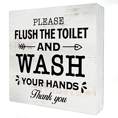 Please Flush the Toilet Wood Box Sign Home Decor Rustic Wash Your Hands Wooden Box Sign Block Plaque for Wall Tabletop Desk Home Bathroom Decoration 5 x 5