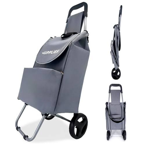 JUPPLIES Carro de la Compra con 2 Ruedas para Supermercado | Carrito de Compra Plegable con Bolsa Impermeable | 96 x 34 x 22 cm | Carga Máxima de 20 kg | Capacidad 40 L | Shopping Trolley Color Gris