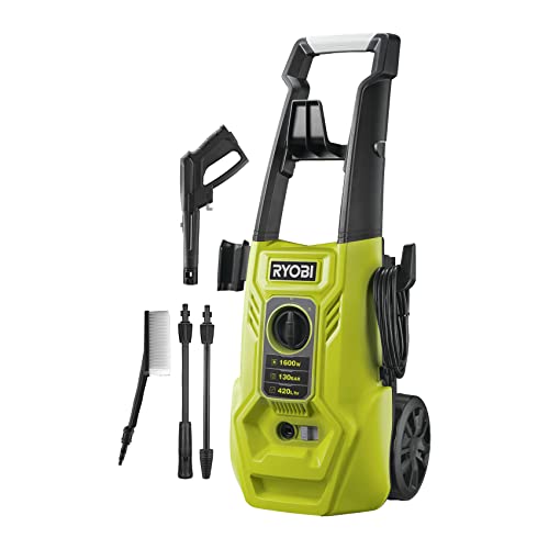 RYOBI - Hidrolimpiadora de Alta Presión 1600W, 130 Bares, 420l/h - Manguera 5m, Carrete, 2 Lanzas (1 Vario, 1 Turbo) y 1 Cepillo Multisuperficie, Depósito Detergente 0,9l - RY130PWA