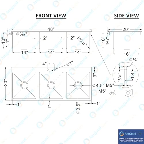 Image of Stainless Steel 3 Compartment Drop-In Sink. Bowl 14 in. x 16 in. x 10 in. No Faucet