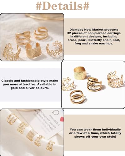 TOZBLEU Manchette d'Oreille,64pcs Manchette D'oreille Réglable Clip Femme Faux Piercing Oreille Réglables Boucles Oreille Sans Trou Ear Cuff Non Piercing Helix Cartilage Boucles d'Oreilles Ensemble – vue 3