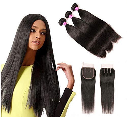 Blowing Straight Hair 3 Bundles with Closure Brazilian Virgin Hair Three Part Lace Closure with Bundles 8a Straight Human Hair Weft with Closure Three Part Natural Color (24 26 28+20)