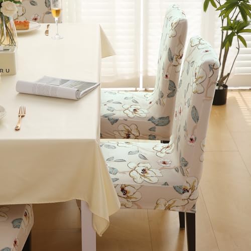 Image of HOKIPO Premium Printed Velvet Chair Cover Set of 2 for Dining Table, Buttercream Magnolia Whisper (AR-5794-D5*2)