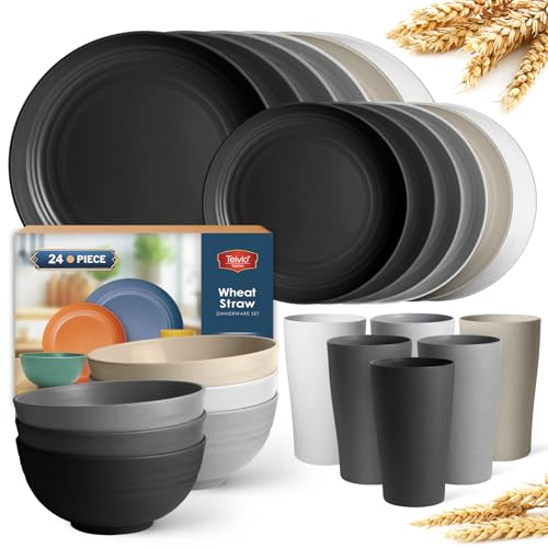 Image of Teivio 24-Piece Kitchen Plastic Wheat Straw Dinnerware Set, Service for 6, Dinner Plates, Dessert Plate, Cereal Bowls, Cups, Unbreakable Plastic Outdoor Camping Dishes, Stone