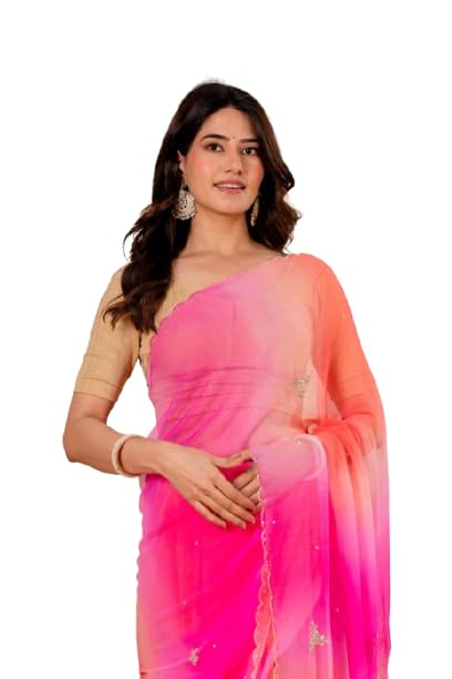 Image of Ombre Saree with Sequin Embroidery for Women | Pink Orange Gradient Saree | Wear, Festive and Occasion Saree with Blouse Piece | Pink | Pack of 1