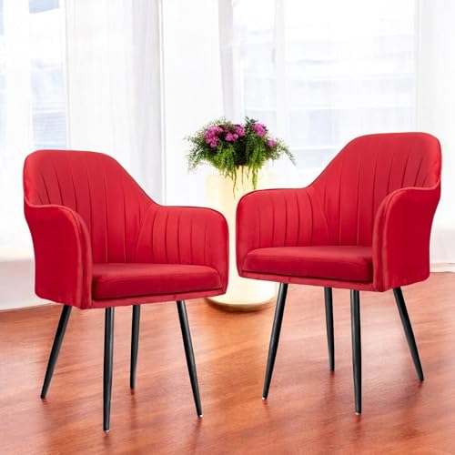 Image of Set of 2 Accent Chair for Living Room | Modern Armchair in Soft Velvet Fabric with Sturdy Legs | Premium Chair for Home Living Room Bedroom Restaurent | (Black Legs, Red)