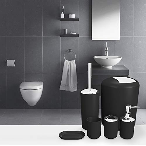 TEKITSFUN Bathroom Accessories Set 6 Pieces Plastic Bathroom Accessories Toothbrush Holder, Rinse Cup, Soap Dish, Hand Sanitizer Bottle, Waste Bin, Toilet Brush with Holder (Black)