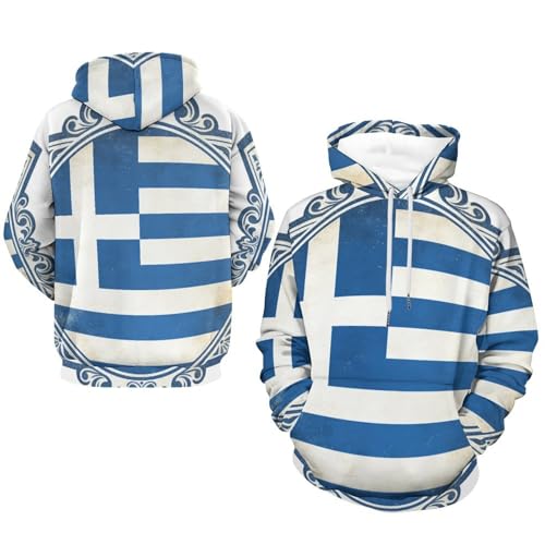 Impresión Grecia Retro Bandera Sudadera con Capucha Unisex Trabajo Jersey Deportivo Juvenil Estilo Campus Clásico Británico