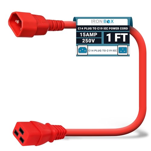 Image of IronBox Electric - Heavy-Duty C14 to C19 Power Cord, 15A, 250V, 14 /3 SJT - IEC60320 PC Cable for Computer Extensions, Monitor, PSU - C14 Male to C19 Female Connector Power Cable - (Red 1 Foot)