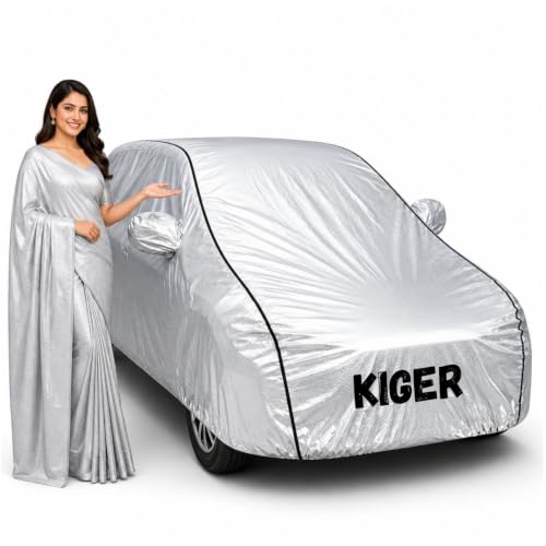 Image of Waterproof Car Body Cover for Kiger All Weather Protection Comes with Inner Cotton Lining & Triple Stitched with Mirror & Antenna Pocket Belt & Elastic Fit Metallic Silver with Black Piping1